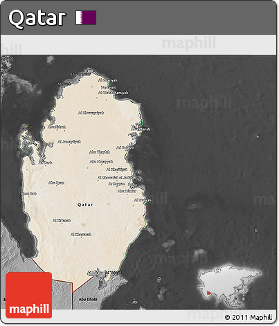 Satellite 3D Map of Qatar, darken, desaturated