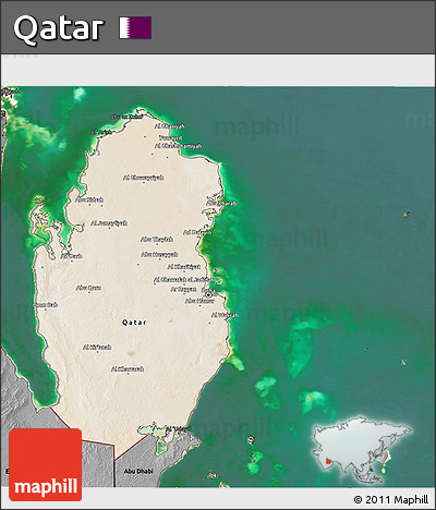 Satellite 3D Map of Qatar, darken, desaturated, land only