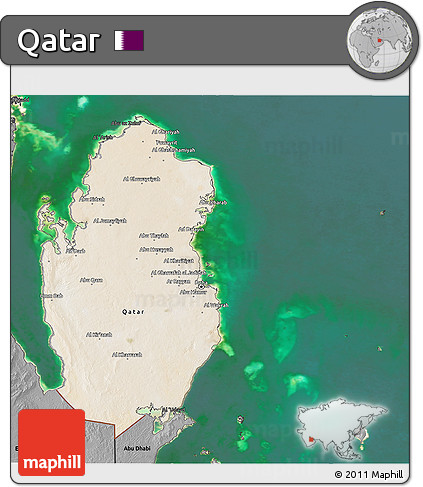 Satellite 3D Map of Qatar, darken, desaturated, land only