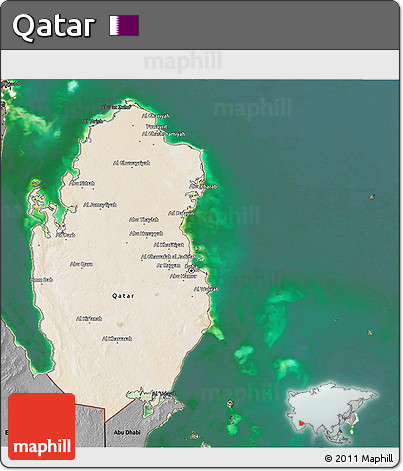 Satellite 3D Map of Qatar, darken, desaturated, land only
