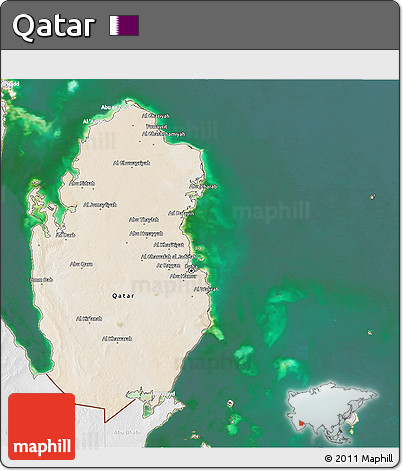 Satellite 3D Map of Qatar, lighten, desaturated, land only