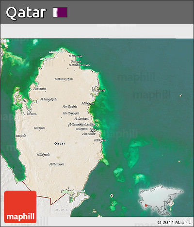 Satellite 3D Map of Qatar, lighten, semi-desaturated, land only
