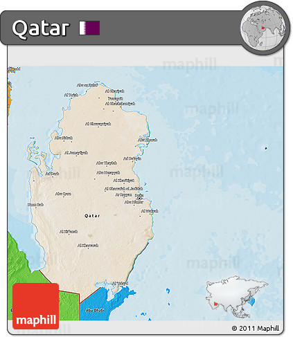 Satellite 3D Map of Qatar, political shades outside