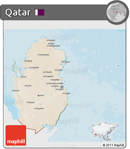 Satellite 3D Map of Qatar, single color outside, bathymetry sea, shaded relief sea