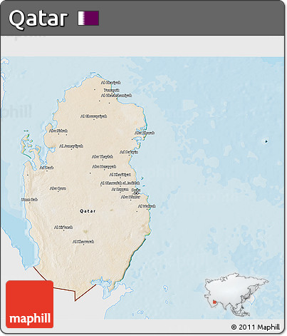 Satellite 3D Map of Qatar, single color outside, bathymetry sea, shaded relief sea