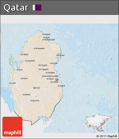 Satellite 3D Map of Qatar, single color outside, bathymetry sea, shaded relief sea