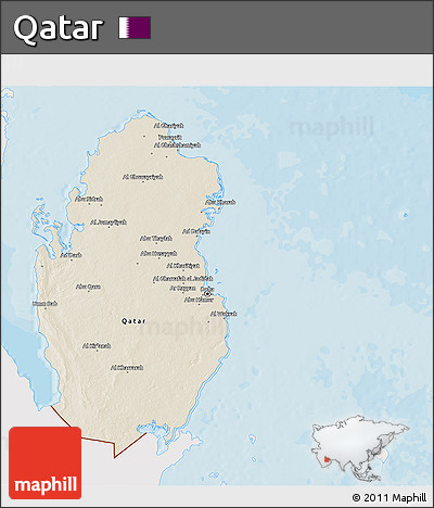 Shaded Relief 3D Map of Qatar, single color outside, bathymetry sea, shaded relief sea