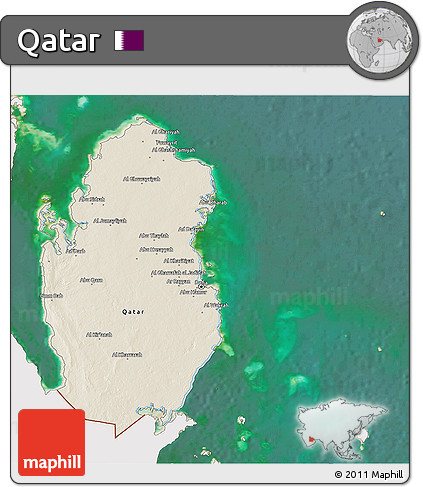 Shaded Relief 3D Map of Qatar, single color outside, satellite sea