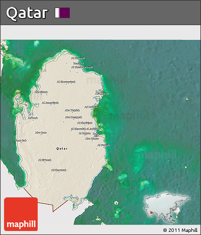 Shaded Relief 3D Map of Qatar, single color outside, satellite sea
