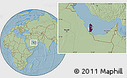 Flag Location Map of Qatar, savanna style outside, hill shading outside