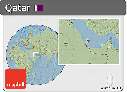 Gray Location Map of Qatar, savanna style outside, hill shading