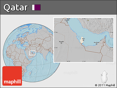 Satellite Location Map of Qatar, gray outside, hill shading