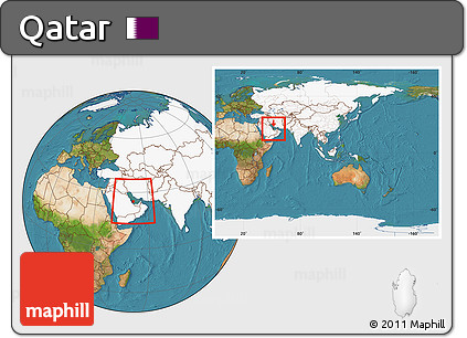Satellite Location Map of Qatar, highlighted continent, within the entire continent