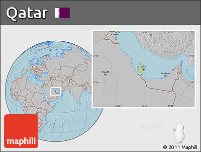 Savanna Style Location Map of Qatar, gray outside, hill shading outside