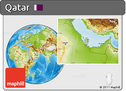 Savanna Style Location Map of Qatar, physical outside, hill shading