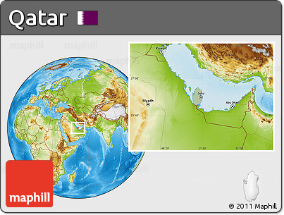 Savanna Style Location Map of Qatar, physical outside, hill shading