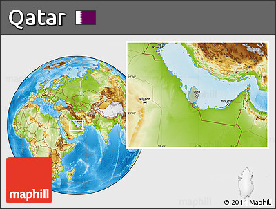 Savanna Style Location Map of Qatar, physical outside, hill shading