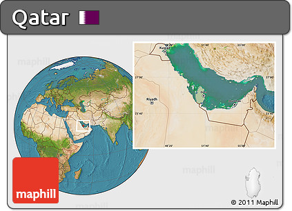 Savanna Style Location Map of Qatar, satellite outside, hill shading