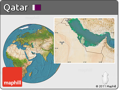 Savanna Style Location Map of Qatar, satellite outside, hill shading