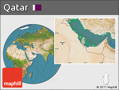 Savanna Style Location Map of Qatar, satellite outside, hill shading