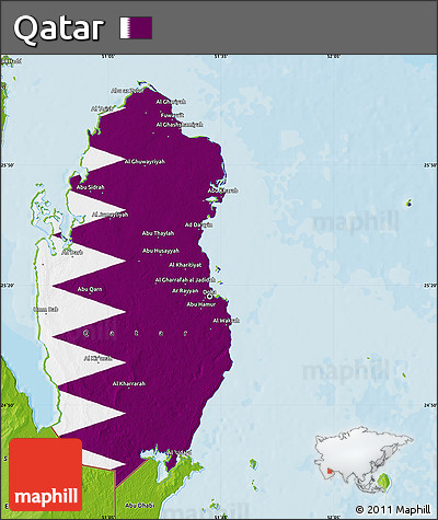 Flag Map of Qatar, physical outside, bathymetry sea, flag centered
