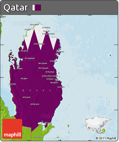 Flag Map of Qatar, physical outside, bathymetry sea, flag aligned to the middle
