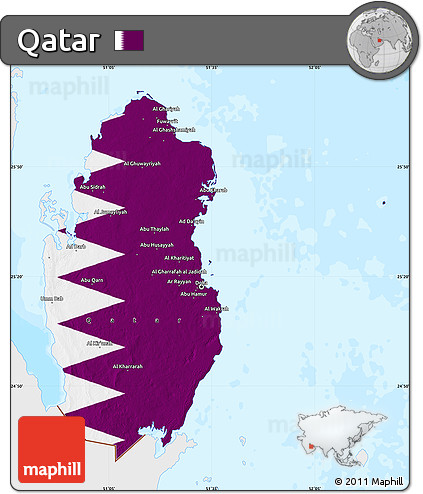 Flag Map of Qatar, single color outside, bathymetry sea, flag centered