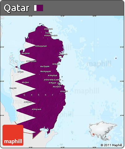 Flag Map of Qatar, single color outside, bathymetry sea, flag centered
