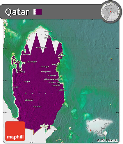 Flag Map of Qatar, single color outside, satellite sea, flag aligned to the middle
