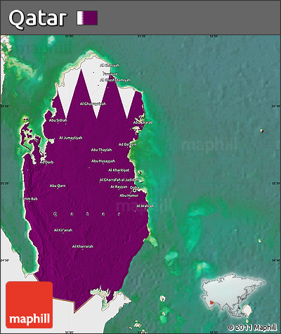 Flag Map of Qatar, single color outside, satellite sea, flag aligned to the middle