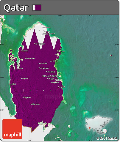 Flag Map of Qatar, single color outside, satellite sea, flag aligned to the middle