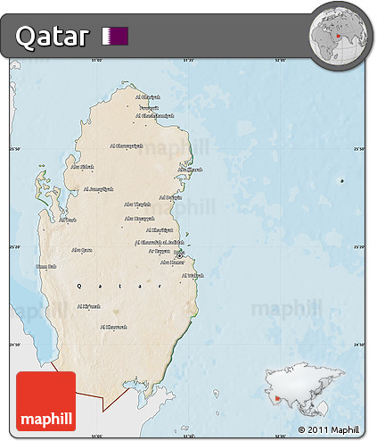 Satellite Map of Qatar, single color outside, bathymetry sea, shaded relief sea