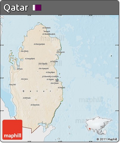 Satellite Map of Qatar, single color outside, bathymetry sea, shaded relief sea
