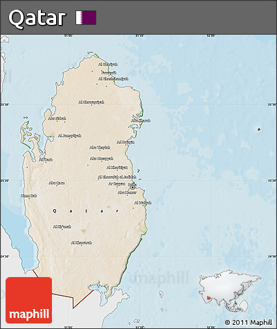 Satellite Map of Qatar, single color outside, bathymetry sea, shaded relief sea