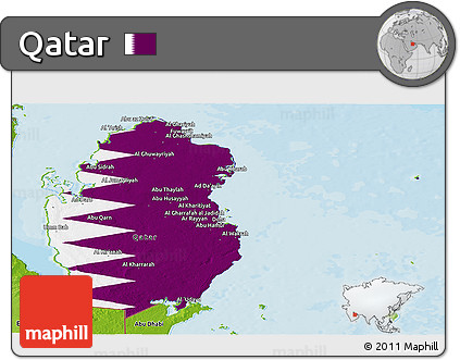 Flag Panoramic Map of Qatar, physical outside, bathymetry sea, flag centered
