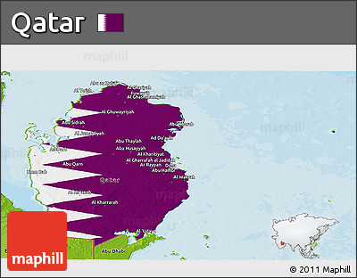 Flag Panoramic Map of Qatar, physical outside, bathymetry sea, flag centered