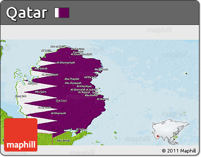 Flag Panoramic Map of Qatar, physical outside, bathymetry sea, flag centered