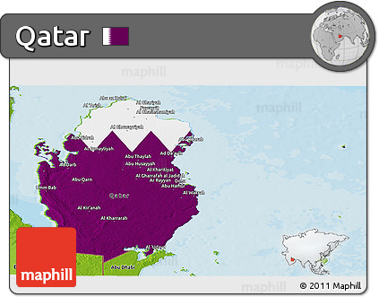 Flag Panoramic Map of Qatar, physical outside, bathymetry sea, flag rotated