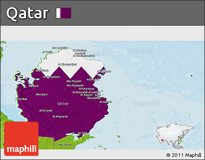 Flag Panoramic Map of Qatar, physical outside, bathymetry sea, flag rotated
