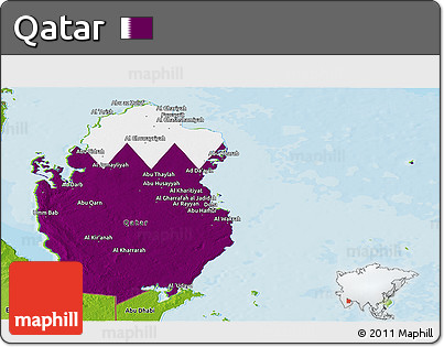 Flag Panoramic Map of Qatar, physical outside, bathymetry sea, flag rotated