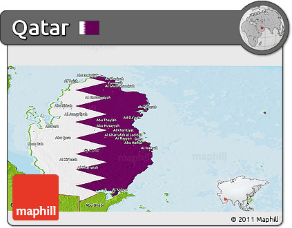 Flag Panoramic Map of Qatar, physical outside, bathymetry sea