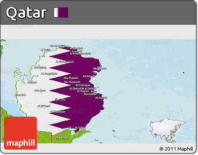 Flag Panoramic Map of Qatar, physical outside, bathymetry sea