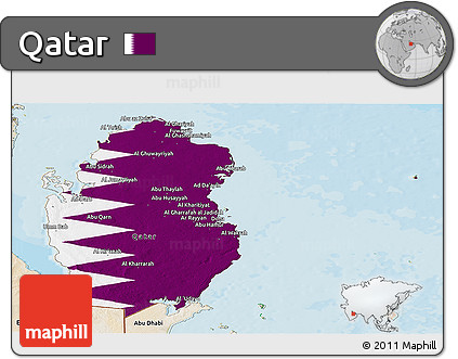 Flag Panoramic Map of Qatar, satellite outside, bathymetry sea, flag centered