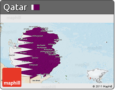 Flag Panoramic Map of Qatar, satellite outside, bathymetry sea, flag centered