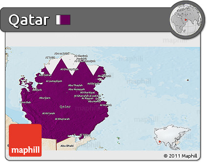 Flag Panoramic Map of Qatar, satellite outside, bathymetry sea, flag aligned to the middle