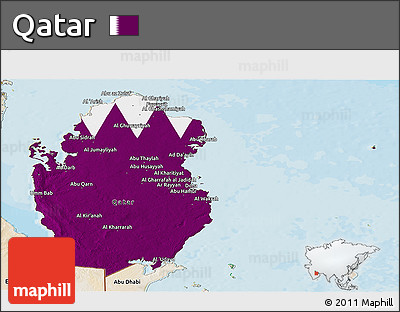 Flag Panoramic Map of Qatar, satellite outside, bathymetry sea, flag aligned to the middle