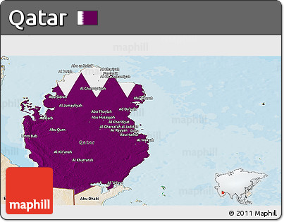Flag Panoramic Map of Qatar, satellite outside, bathymetry sea, flag aligned to the middle