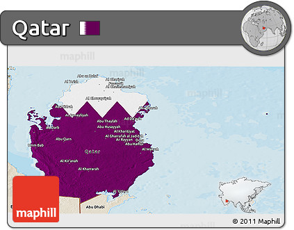 Flag Panoramic Map of Qatar, shaded relief outside, bathymetry sea, flag rotated