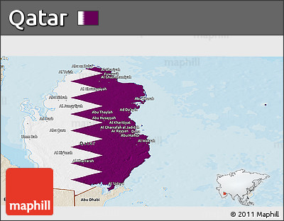 Flag Panoramic Map of Qatar, shaded relief outside, bathymetry sea