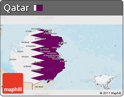 Flag Panoramic Map of Qatar, shaded relief outside, bathymetry sea
